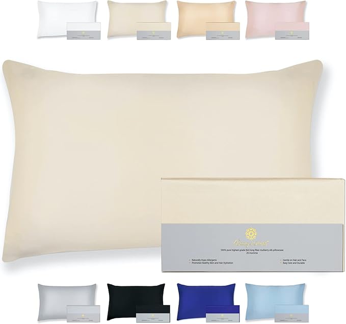 25 Momme Premium Mulberry Silk Pillowcase for Hair and Skin | Handcrafted Hypoallergenic & Anti-Acne Silk Pillow Cases with Zipper | Queen - 20" x 30", Vanilla Ice