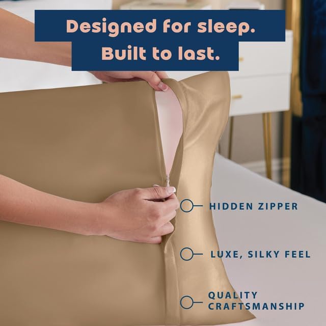 BLISSFORD Satin Pillowcase with Zipper, for Hair and Skin Care, Feels Soft and Cool Like a Silk Pillowcase, Beige Satin Pillow Cases 2 Pack, Slik Pillow Cover, King Size, Set of 2