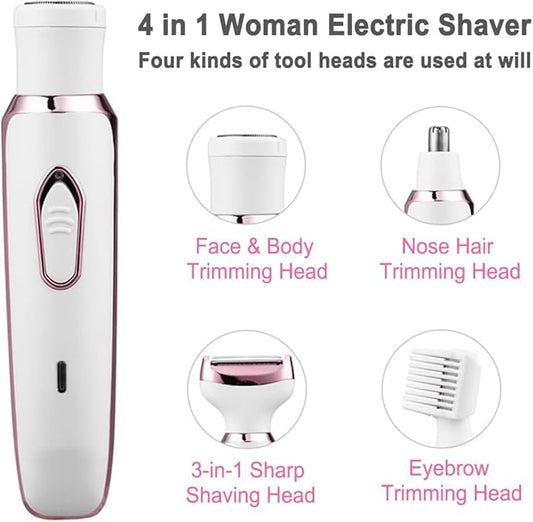 Bikini Trimmer for Women, Electric Razor Hair Shaver for Face Nose Eyebrow Beard Mustache Arm Leg Armpit Bikini, Replaceable Lady Facial Razor, Painless Rechargeable 4 in 1 Women Body Shaver for Trip