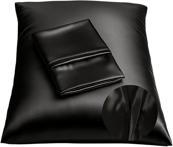 BLISSFORD Black Satin Pillowcase with Zipper for Hair and Skin Care, Feels Soft and Cool Like a Silk Pillowcase, Satin Pillow Cases 2 Pack, Slik Pillow Cover, Standard Size, Set of 2
