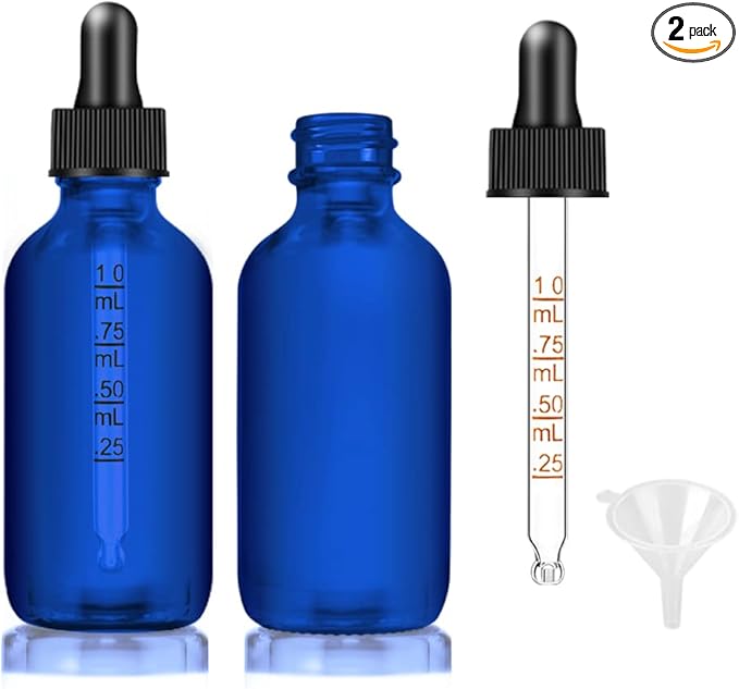Bumobum Dropper Bottle 2 oz, 2 pack Blue Glass Eye Dropper Bottles with Labels and Funnel, Leakproof Tincture Bottles with Measured Dropper