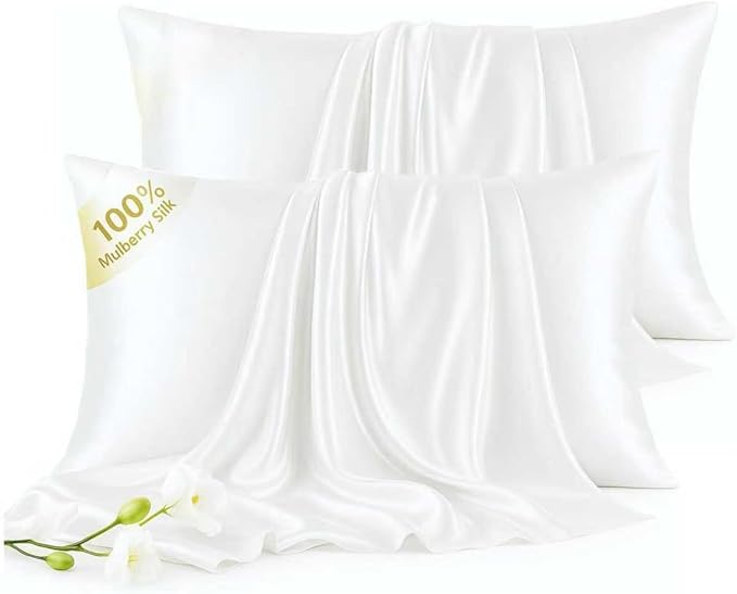 Set of 2 100% Silk Pillow Cases Queen - 6A Luxury Mulberry Silk Pillowcase for Hair and Skin - Anti-Wrinkle, Cooling & Smooth, Hidden Zipper - Pillowcases for Sleeping Women Girl, Boy, White