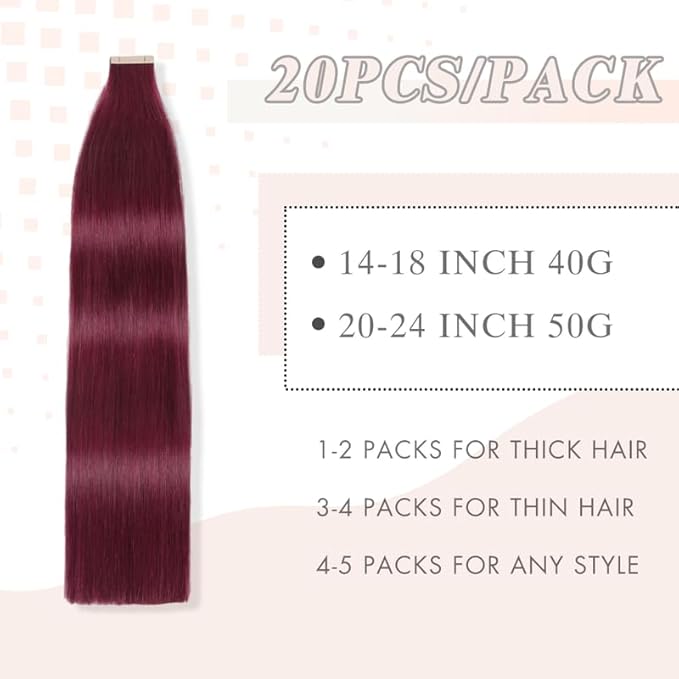 20 Inch Tape in Hair Extensions Human Hair Burgundy Wine Red 99J Invisible Tape in Hair Extensions Double Sided Seamless Skin Weft Hair (#A99J,20 Inch)