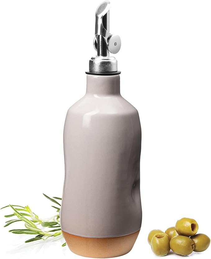Olive Oil Dispenser Bottle Stoneware Ceramic, Cruet Protects to Reduce Oxidation, Suitable For Storage Of Oil, Vinegar, Coffee Syrups & Other Liquids - Stainless Steel Spout 14Oz