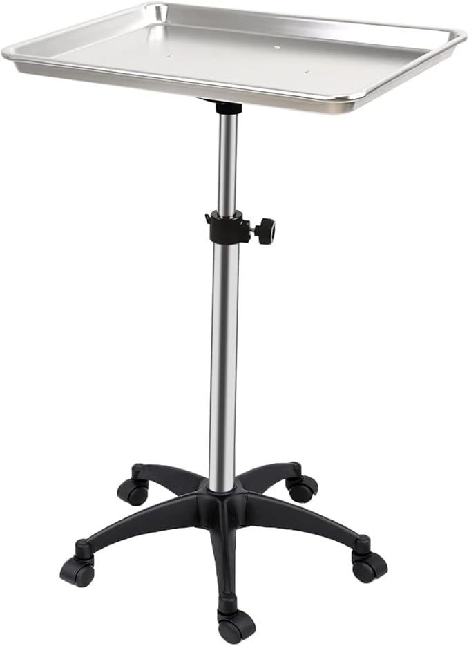 Salon Rolling Tray, Height Adjustable Tattoo Tray Rolling Cart, Storage Utility Trolley for Spa, Beauty Salon Service, Hairdresser Cart with Wheels, Black (Silver)
