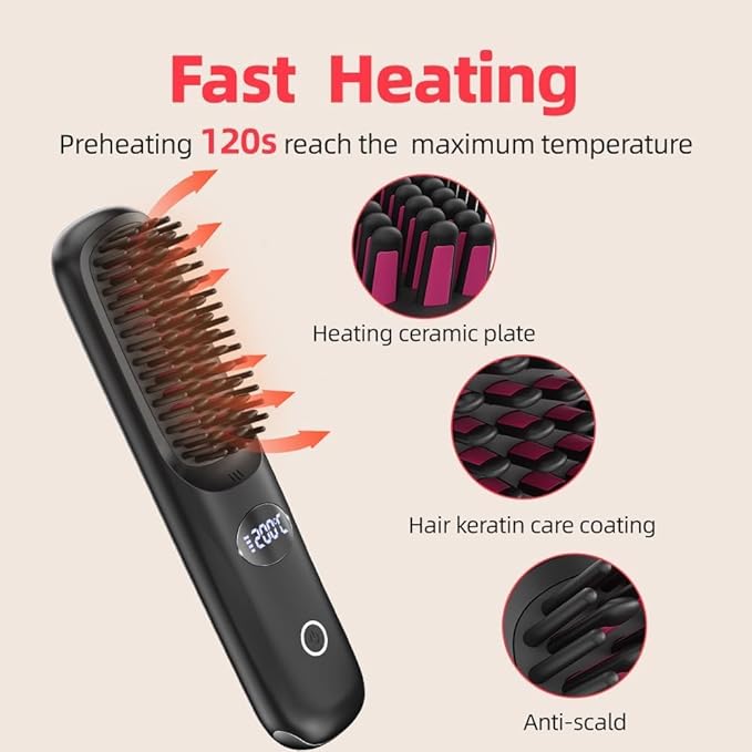 Cordless Hair Straightener Brush: Portable Rechargeable Heated Straightening Comb with LED Display & 3 Temperature Settings - Travel Hair Brush for Smooth Frizz-Free Styling (Pink)