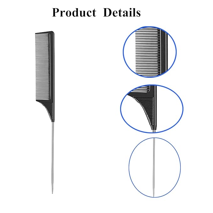 3 Pack Rat Tail Combs with Heat Resistant Carbon Fiber Fine Tooth, Stainless Steel Handle, and Pintail Design for Women's Hair Parting and Teasing