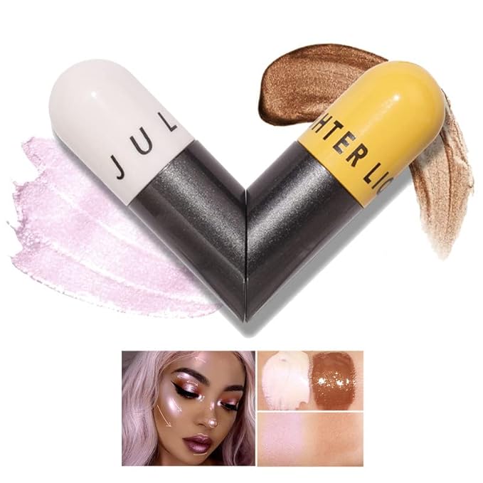 AKARY Liquid Highlighter Makeup for Face Body, Contour Foundation Illuminator Boom Stick, Highlighting Shade Longwear Shimmer Glow Makeup, Valentine's Day gift (01 Pearlescent White + Warm Brown)