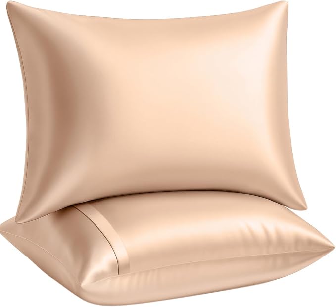 BLISSFORD Satin Pillowcase with Zipper, for Hair and Skin Care, Feels Soft and Cool Like a Silk Pillowcase, Satin Pillow Cases 2 Pack, Slik Pillow Cover, Champagne, Standard, Set of 2
