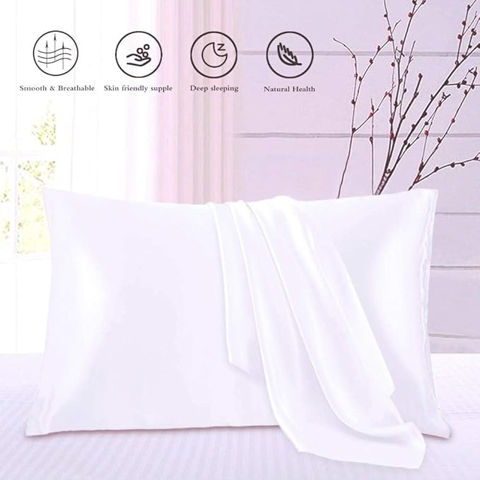 Satin Silk Pillowcase for Hair and Skin, Black Pillow Cases Standard Size Set of 4 Pack Super Soft Pillow Case with Zipper Closure (White, Standard(4 Pack))