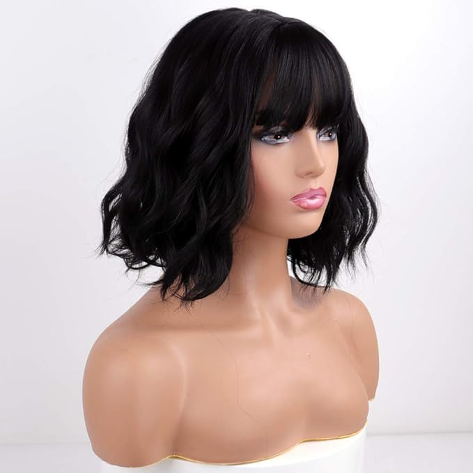 MISSQUEEN Short Wavy Black Wig with Bangs, Short Black Bob Wigs for Women, Wavy Bob Wig with Bangs Synthetic Natural Looking Heat Resistant Fiber Wigs