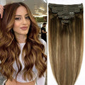 Straight Clip In Hair Extensions Real Human Hair 8Pcs Clip In Balayage Chocolate Brown to Caramel Blonde Human Hair Extensions with 18Clips Lace Weft 120g 14inch