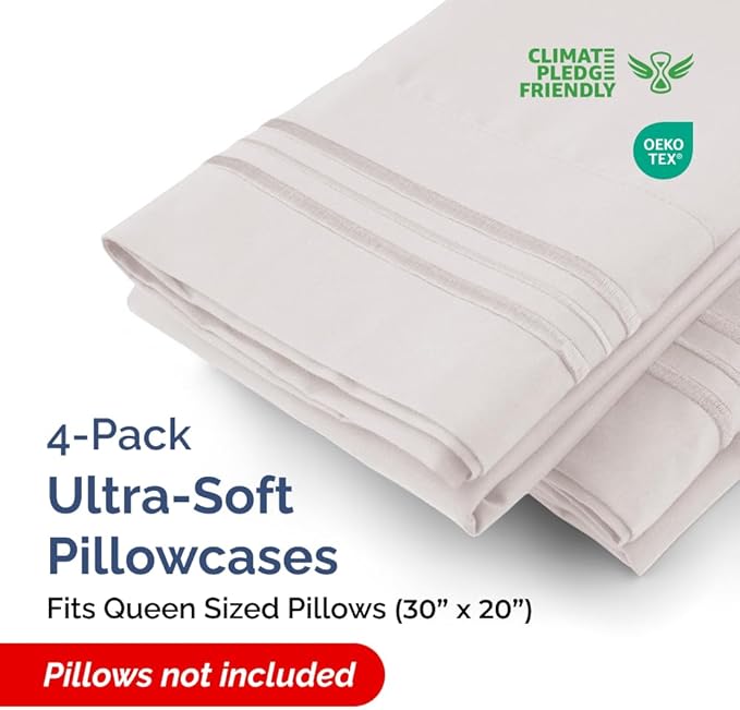 Queen Pillow Cases Set of 4 - Ultra Soft Hotel Quality Pillowcase Covers - Comfy, Cozy & Wrinkle Free - Shrink, Stain & Fade Resistant - Machine Washable Pillow Protectors - 4 Piece Set - Light Grey