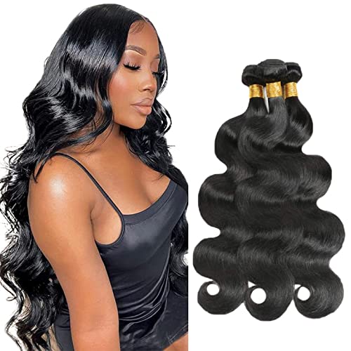 Bundles Human Hair Color 1B Body Wave Bundle Niegmeag Unprocessed Brazilian Virgin Remy Hair 3 Bundles 14 16 18 Inch Double Weft Natural Black Body Wave Bundle Hair Weave