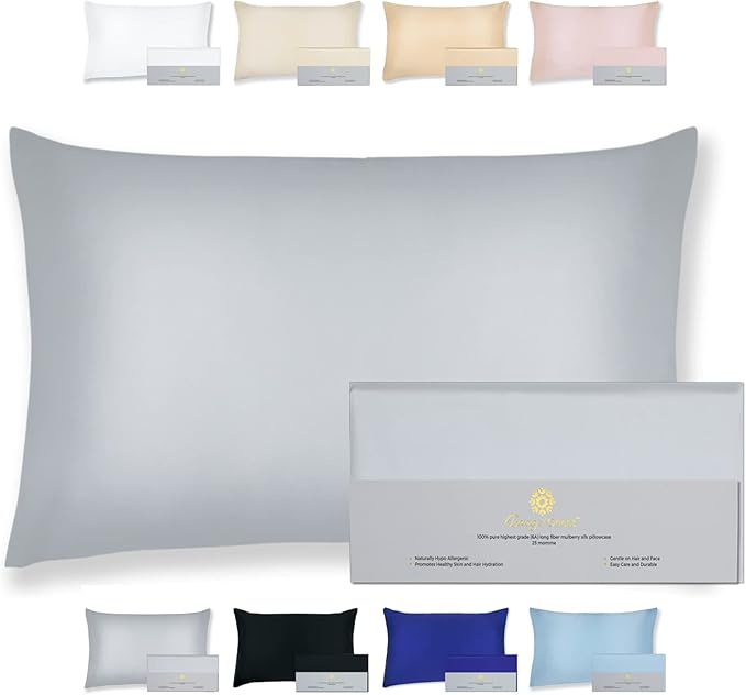 25 Momme Premium Mulberry Silk Pillowcase for Hair and Skin | Handcrafted Hypoallergenic & Anti-Acne Silk Pillow Cases with Zipper | Queen - 20" x 30", Silver Lining