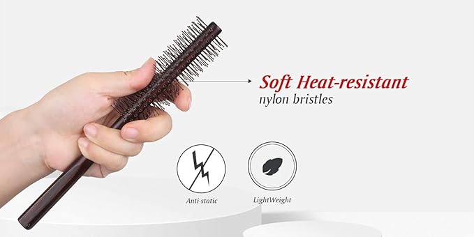 Small Round Brush for Short Hair, 1.3 Inch Mini Quiff Roller circular comb with soft Nylon Bristle for Men and Women, for Styling, Lifting, Volume, Curling Thin Hair, Bangs, Beard