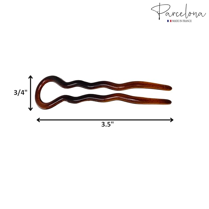 Parcelona French Sleek Brown Tortoise Shell Large 3 1/2" Celluloid Made in France Set of 3 Wavy Crink U Shaped Chignon Hair Pins Updo Bun Pin Sticks for Women and Girls