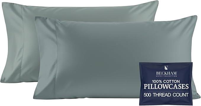 Beckham Hotel Collection 100% Cotton Pillow Cases Standard/Queen Size Set of 2, 500TC, Luxury Sateen Pillowcases, Open End, Breathable, Moisture-Wicking, Aqua Gray