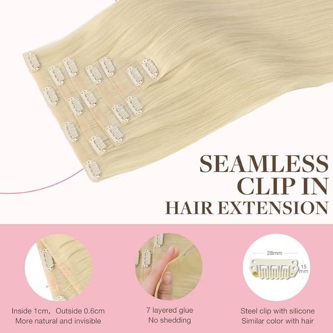 GOO GOO Clip in Hair Extensions Real Human Hair, Remy Human Hair Extensions Clip ins for Women, Natural Human Hair, 16inch 110g 7Pcs, 60A Platinum Blonde