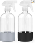 2 Pack Glass Spray Bottles with Silicone Sleeve, 16 oz Empty Refillable Containers with Adjustable Spray Nozzles, Spray Bottles for Hair, Cleaning Solutions and Plants Black&Grey