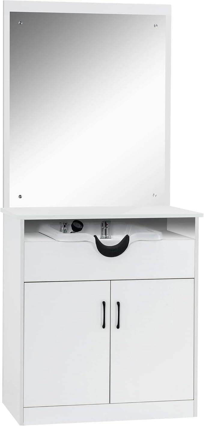 BarberPub Backwash Shampoo Bowl Sink Chair Station with Mirror Salon Styling Cabinet Spa Equipment 3130 (White)