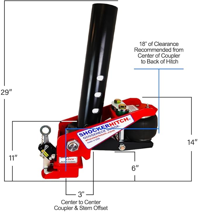 Shocker 30K Gooseneck Surge Air Hitch & Shift Lock Coupler for 2-5/16" Ball, 4" & 3-15/16" Square Multi-Fit Stem