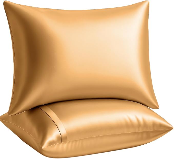BLISSFORD Satin Pillowcase with Zipper, for Hair and Skin Care, Feels Soft and Cool Like a Silk Pillowcase, Gold Satin Pillow Cases 2 Pack, Slik Pillow Cover, Standard Size - Set of 2