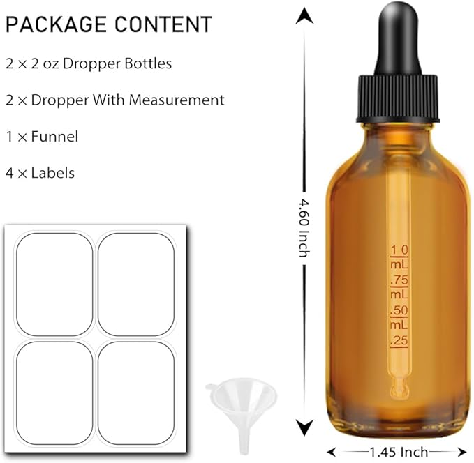 Bumobum Glass Dropper Bottles, 2 oz Amber and Blue for Essential Oils With Funnel, Labels & Pipette - 2 Pack Eye Tincture Dispensing Bottle With Measured Dropper
