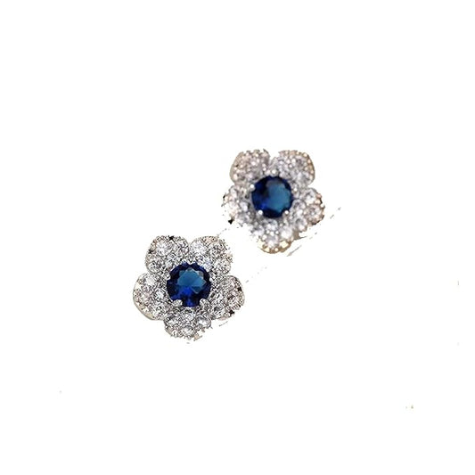 Boho CZ Flower Studs Earrings Silver Crystal Earrings Blue Flower Earrings Studs Wedding Earrings Jewelry for Women and Girls