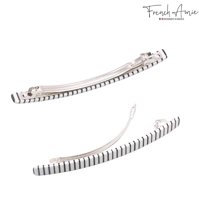 French Amie Long and Thin Black White Large 4” Handmade Celluloid Automatic Hair Clip Barrette for Women and Girls (Stripe)