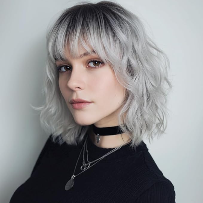 Short Silver Wigs for Women Ombre Grey Wavy Bob Wig with Bangs Medium Length Synthetic Hair Water Wave Dark Roots Wig Gray Colorful Wigs（14 Inches）