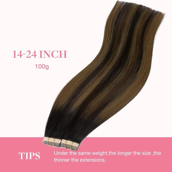 GOO GOO Tape in Hair Extensions Human Hair, 2/6/2 Balayage Dark Brown to Chestnut Brown, 16inch 100g 40pcs, Skin Weft Seamless Invisible, Silky Straight with Thick Ends, Remy Human Hair