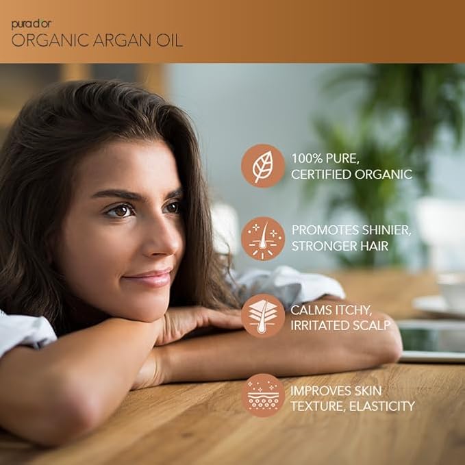 PURA D'OR 4 Oz Organic Moroccan Argan Oil – 100% Pure Cold-Pressed Virgin Grade – Lightweight Moisturizer for Skin, Face, Body & Hair – Helps Dry Skin, Scalp Care, Split Ends, Nails & Cuticles