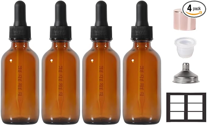 Dropper Bottle,2 oz 4 Pack Glass Droppers Bottle for Oils Eye Dropper Small Travel Oil Amber Dropper with 1 Funnel & 6 Labels - Essential Oils Bottles Tincture Bottles With Dropper Leakproof
