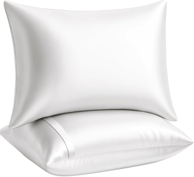 BLISSFORD Satin Pillowcase with Zipper for Hair and Skin Care, Feels Soft and Cool Like a Silk Pillowcase, White Satin Pillow Cases 2 Pack, Slik Pillow Cover, Standard Size - Set of 2