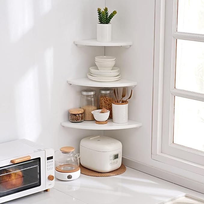 Corner Shelf, White Solid Oak Wood Floating Corner Shelves Wall Mount Round End Floating Speaker Rack Display Shelf for Small Plant Photo Frame (White, 12in)