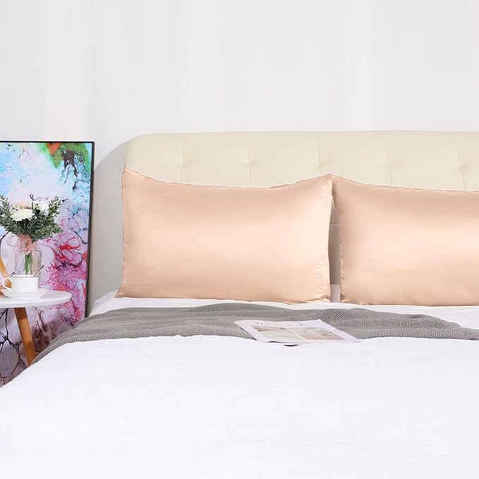 uxcell 2 Pack Silk Satin Pillowcase for Hair and Skin, Cool, Silky, Soft Breathable Pillow Cases King Size 20x36 Inch Sateen Pillowcase Light Tan with Envelope Closure