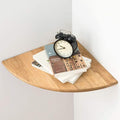 Corner Shelf,16inch Natural Oak Solid Wood Floating Corner Shelves Wall Mount Round End Floating Speaker Rack with Wire Hole for Small Plant for Bedroom Kitchen, Living Room