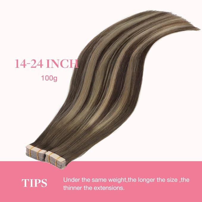 GOO GOO Tape in Hair Extensions Human Hair, 4/26/4 Balayage Chocolate Brown to Honey Blonde, 20inch 100g 40pcs, Skin Weft Seamless Invisible, Silky Straight with Thick Ends, Remy Human Hair