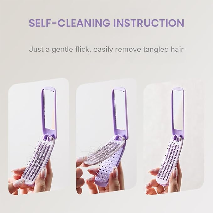 4 Pcs Foldable Travel Hair Brush, Compact and Lightweight with Mirror, Self-Cleaning Design, Mini Hair Detangle Comb with Soft Bristles, Small Pocket Brush for Purse