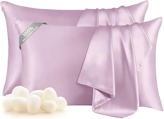 THXSILK Set of 2 100% Mulberry Silk Pillowcase for Hair and Skin Health, Soft Breathable and Smooth Pillowcases with Hidden Zipper, Both Sides Premium Grade 6A+ Silk, Standard 20"x26", Light Purple