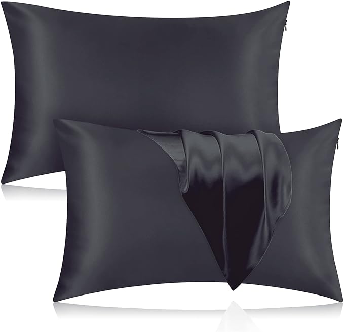 Silk Pillowcase for Hair and Skin, 2 Pack 100% Mulberry Silk Pillowcase 25 Momme, 600 Thread Count, Both Side Pure Silk Pillow Cover with Hidden Zipper (BlackGray, King 20''×36'')