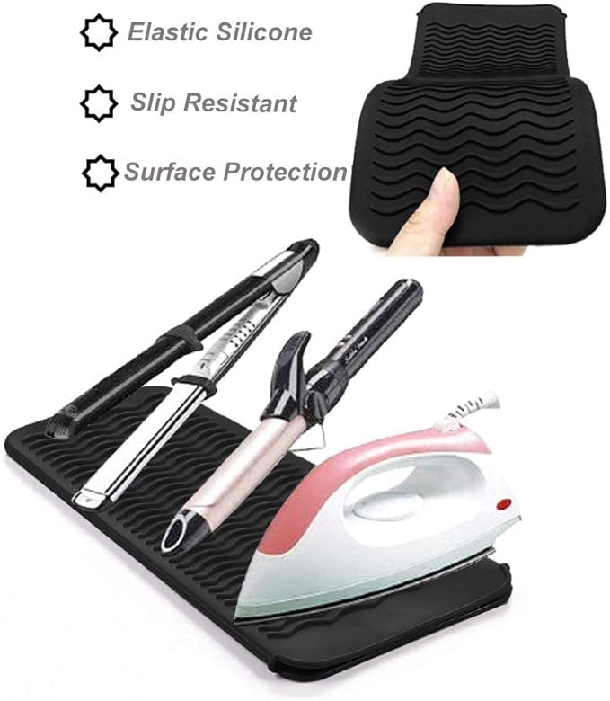 Heat Resistant Silicone Mat and Glove Set for Hair Straighteners and Flat Irons - 11" x 6" Mat, 8.7" x 5.2" Bump Glove, Black