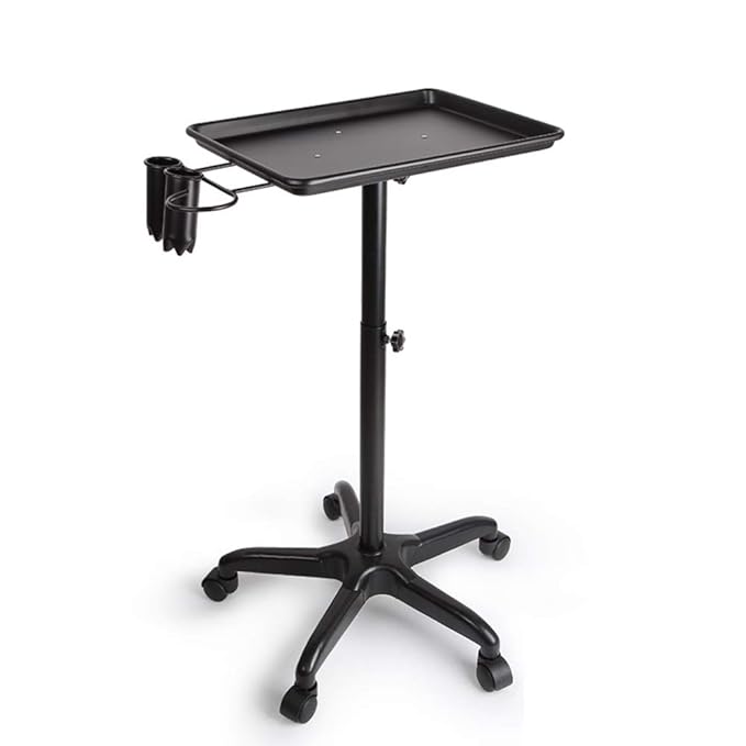 Aluminium Salon Instrument Tray, Height Adjustable Trolley Cart Tray Station on Wheels for Salon Tattoo Spa Beauty Service Holder Tool Storage (Black, With Accessory Caddy)