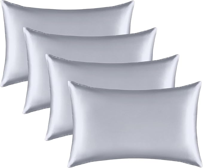 Satin Silk Pillowcase for Hair and Skin, Black Pillow Cases Standard Size Set of 4 Pack Super Soft Pillow Case with Zipper Closure (Silver, King (4 Pack))