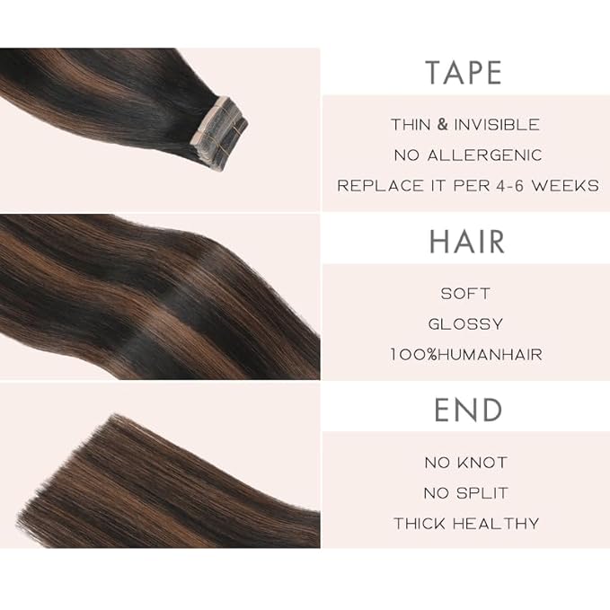 22 Inch Tape in Hair Extensions Human Hair 20pcs Balayage Natural Black to Chestnut Brown Remy Human Hair Extensions Tape in(1B/1B/6#, 22 Inch)