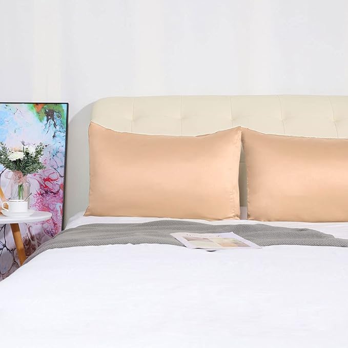 uxcell 2 Pack Silk Satin Pillowcase for Hair and Skin, Cool, Silky, Soft Breathable Pillow Cases Standard Size 20x26 Inch Sateen Pillowcase Champagne with Envelope Closure