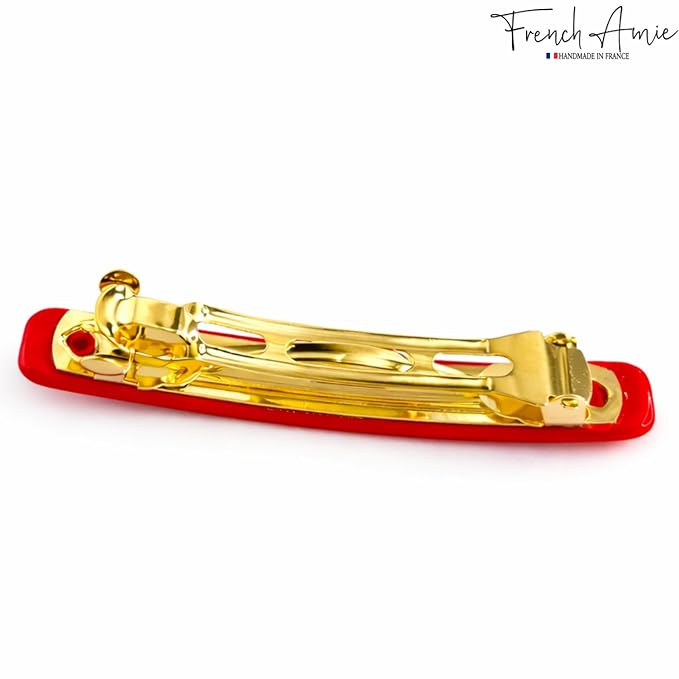 French Amie Rectangular Handmade Small Hair Barrette 2 1/4 Inch with Metal Clasp, Cellulose Acetate Hair Clip Grip for Women & Girls, Strong Hold for Fine Hair, Bangs, and Half-Up Styling (Red)