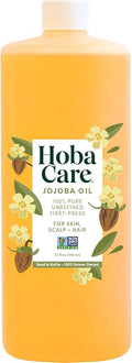 HobaCare Unrefined Jojoba Oil for Skin Care, Hair, Beard Conditioning, Scalp Massage - 100% Pure Carrier Oil for Perfume or Soap Making - Natural, Vegan, Hexane Free, Long Shelf Life (32 oz)