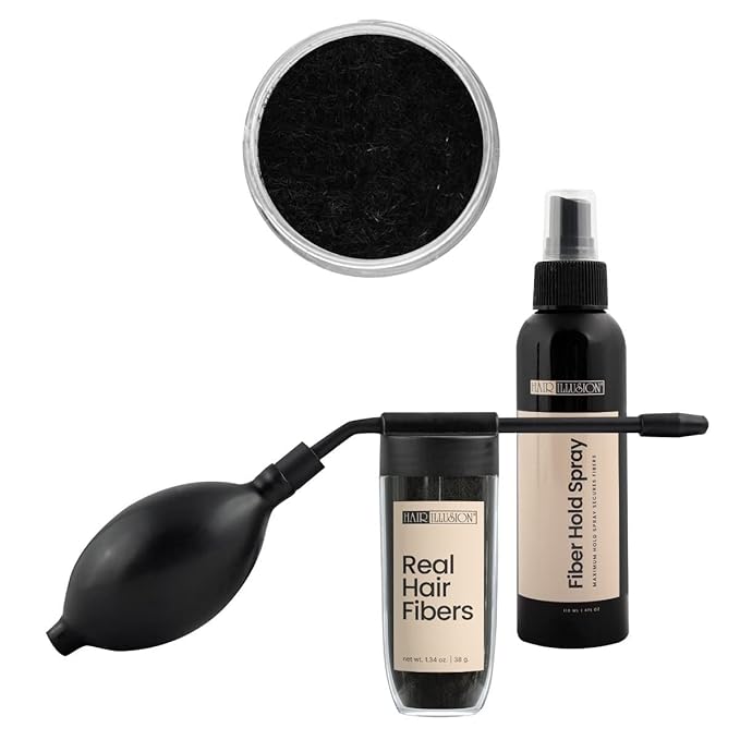 Hair Illusion Combo Kit - Hold Spray, 38g Hair Fiber Bottle, Applicator & Hairline Optimizer (Jet Black)